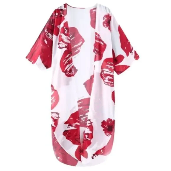 White Red Floral Open Front Long Kimono Robe Cover Up NEW - Picture 4 of 4